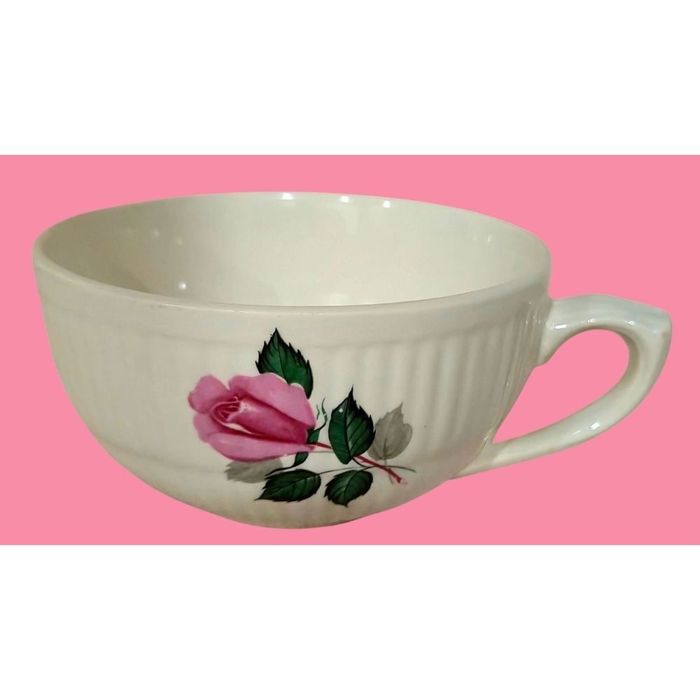 Vintage Ceramic Tea Coffee Cup Pink Rose Ribbed Floral Design 8oz White